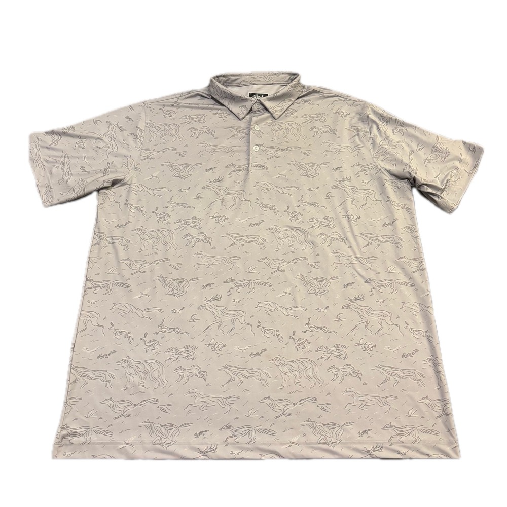 Waggle Mens 2XL Gray Wildlife Sketch Golf Polo Moose Wolf Rabbit Print Stretch